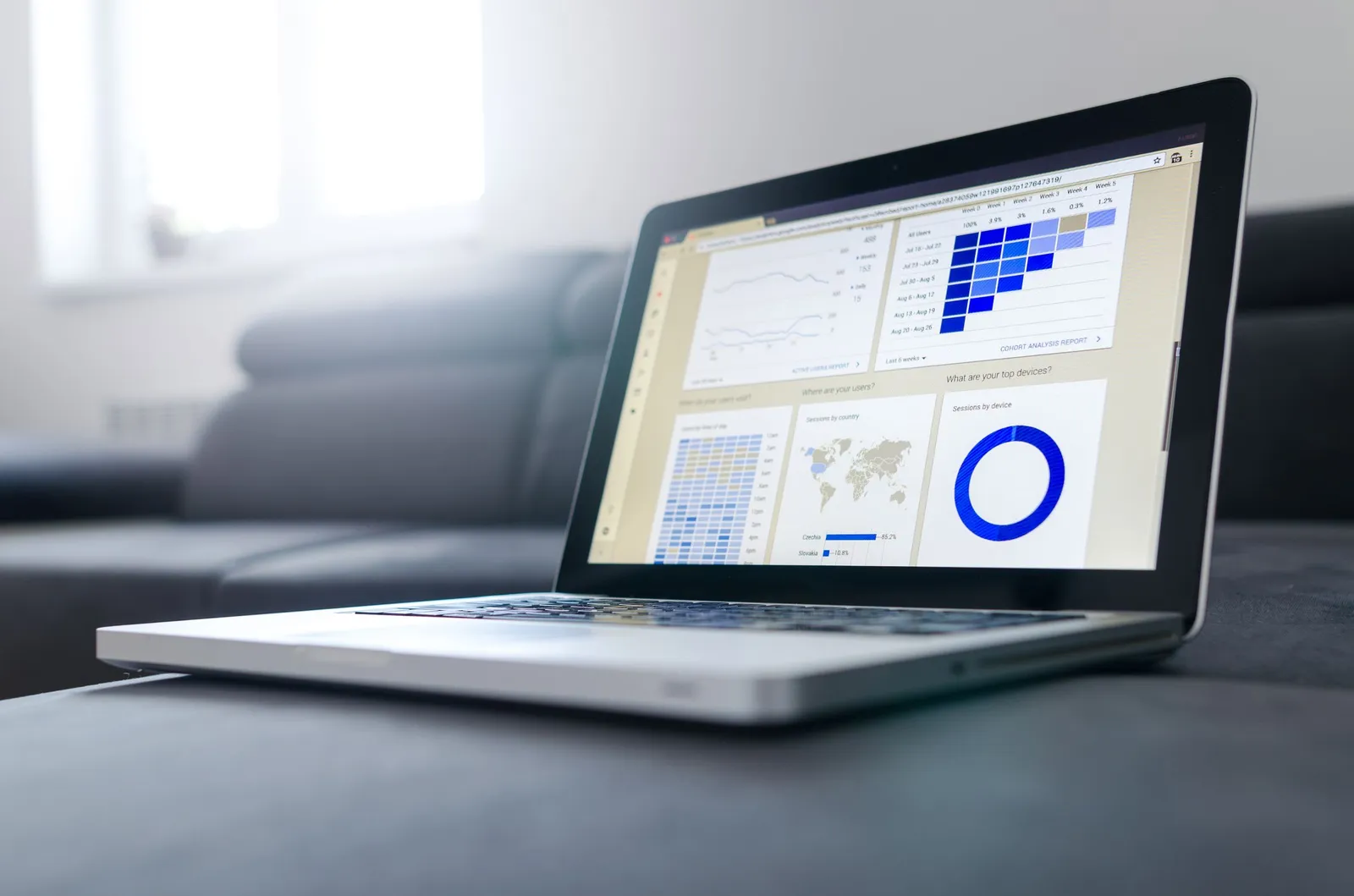 A laptop showing analytics dashboards in a bright room
